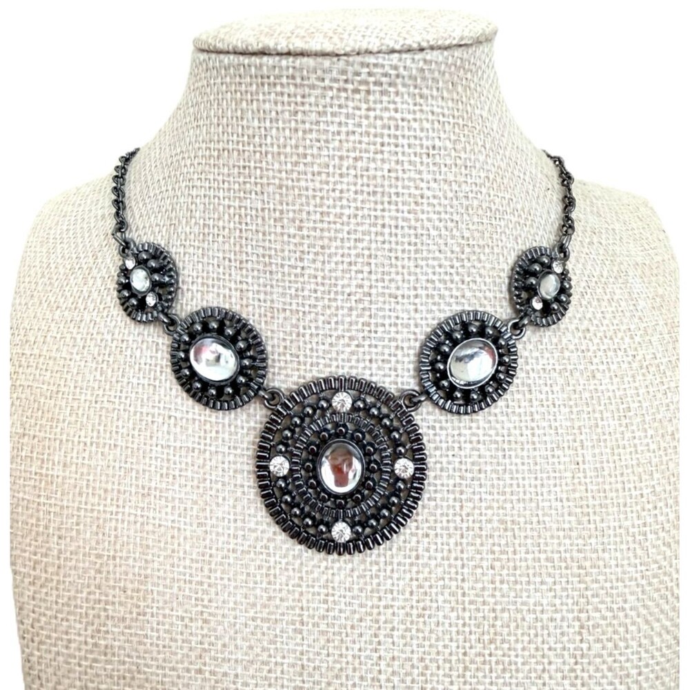 Gunmetal Tone Statement Collar Necklace Rhinestone Circle Medallion Pendant Des